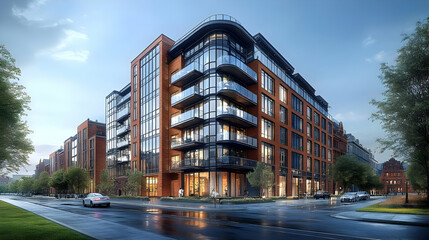 Fototapeta premium Modern Brick Apartment Building with Glass Balconies - 3D Illustration