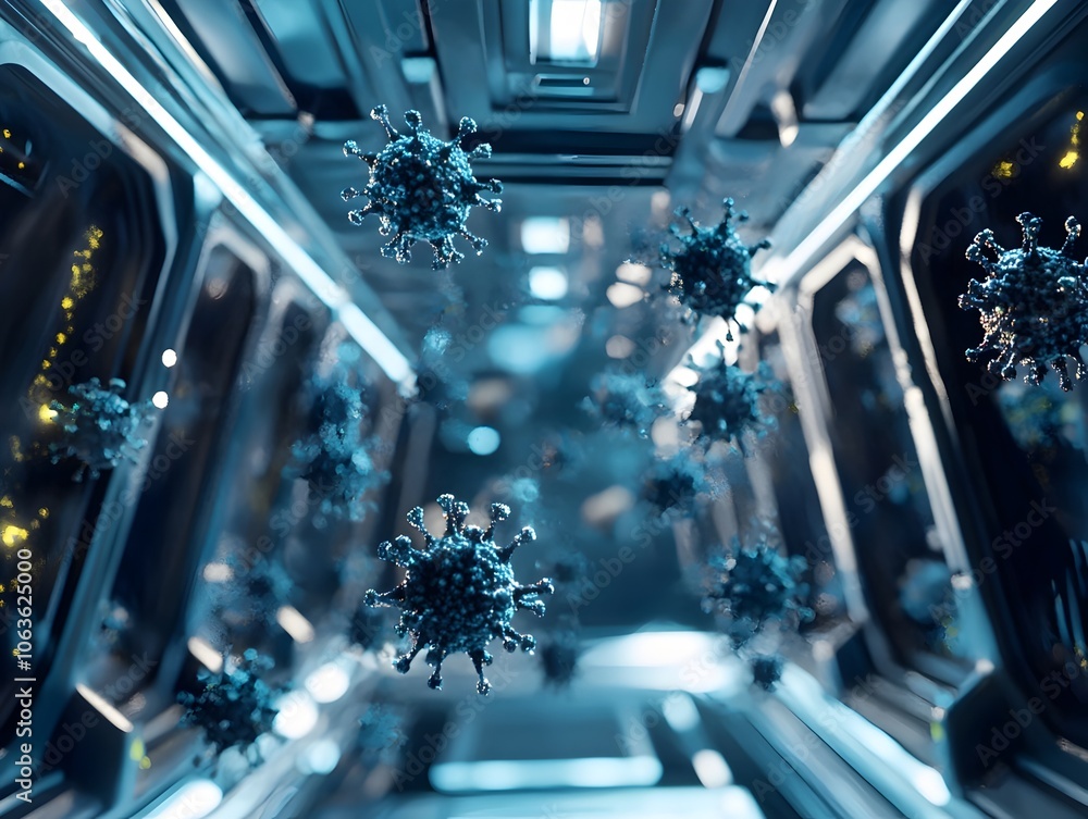 Poster futuristic space station infested by swarm of tiny virus particles in zero gravity symbolizing dange