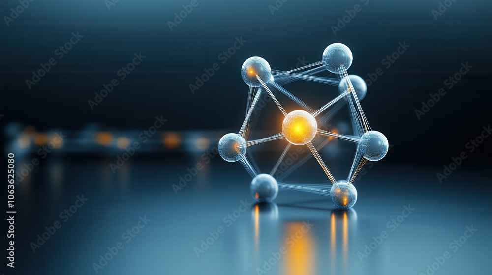 Poster crystal lattice atomic structure with glowing nodes and connections, showcasing modern scientific co