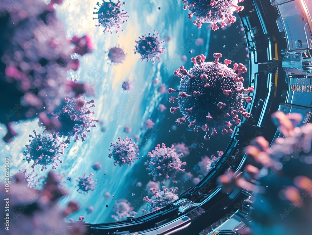 Aufkleber virus particles swarm in futuristic zero gravity space station representing the dangerous threat of 