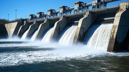 A hydroelectric dam releasing water, showcasing energy generation and water management.