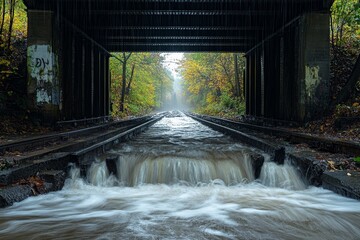 Fototapeta premium A dramatic scene showing a railway track under a concrete bridge overwhelmed by floodwaters, as autumn leaves linger near the water, conveying a sense of chaos.