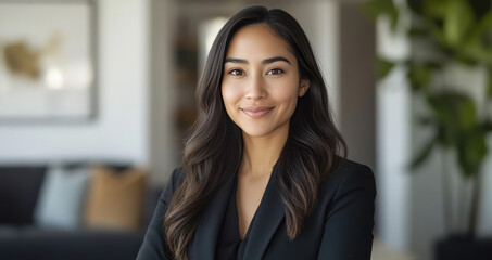 Confident Businesswoman in Modern Office Setting with Natural Light