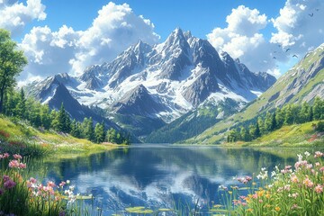 Fototapeta premium Alpine Paradise Mirrored: Where Snow-Capped Peaks Touch Azure Skies, Creating Nature's Perfect Symphony Through Crystal Lakes and Wildflower Dreams in Mountain's Most Majestic Reflection