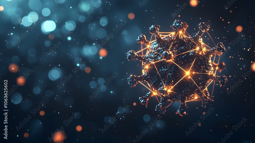 Poster glowing geometric virus particle in dark void symbolizing art science and biological unknown