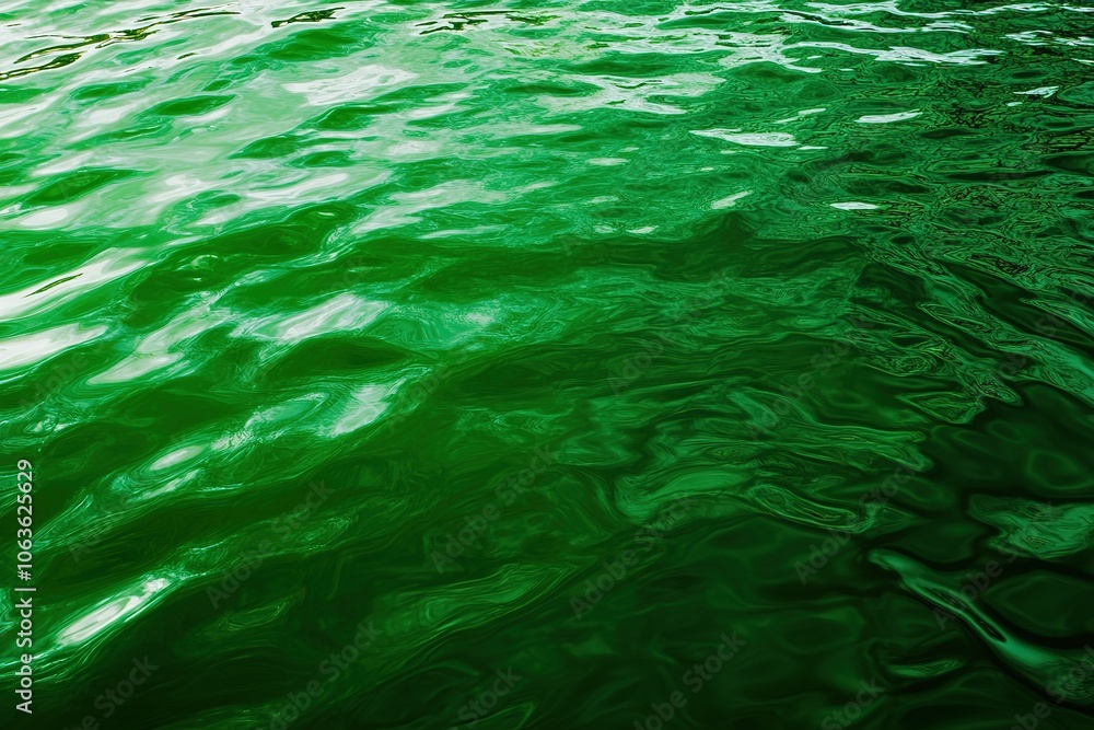 Poster a photorealistic image of water ripples in emerald green, creating an abstract pattern on the surfac