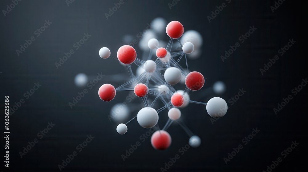 Poster complex atomic structure visualized with red and white spheres representing atoms, interconnected by