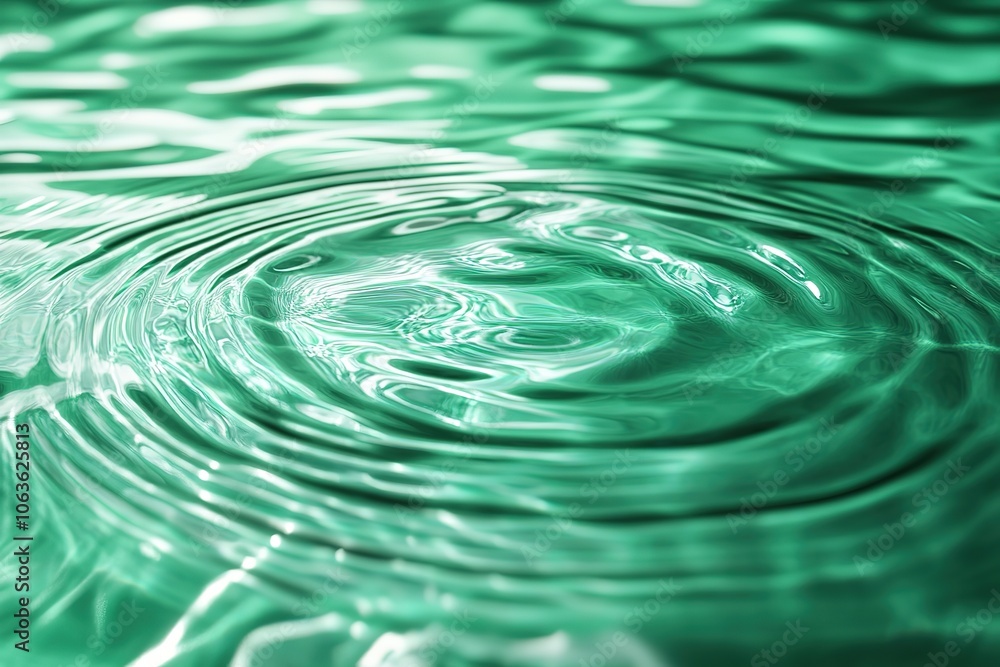 Poster a photorealistic image of water ripples in emerald green, creating an abstract pattern on the surfac