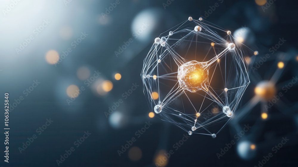 Poster visualize complex atomic structure in crystal with glowing particles and intricate connections, repr
