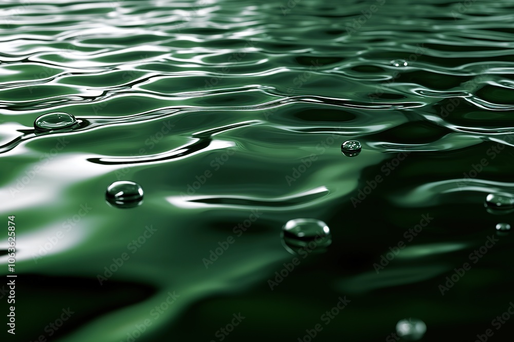 Poster a photorealistic image of water ripples in emerald green, creating an abstract pattern on the surfac