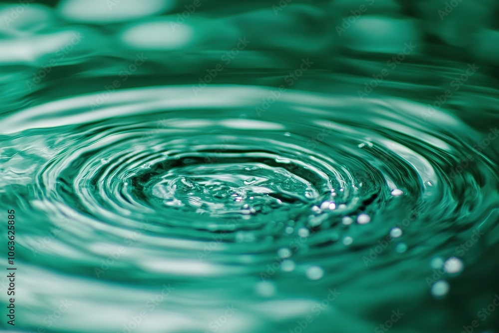 Poster a photorealistic image of water ripples in emerald green, creating an abstract pattern on the surfac