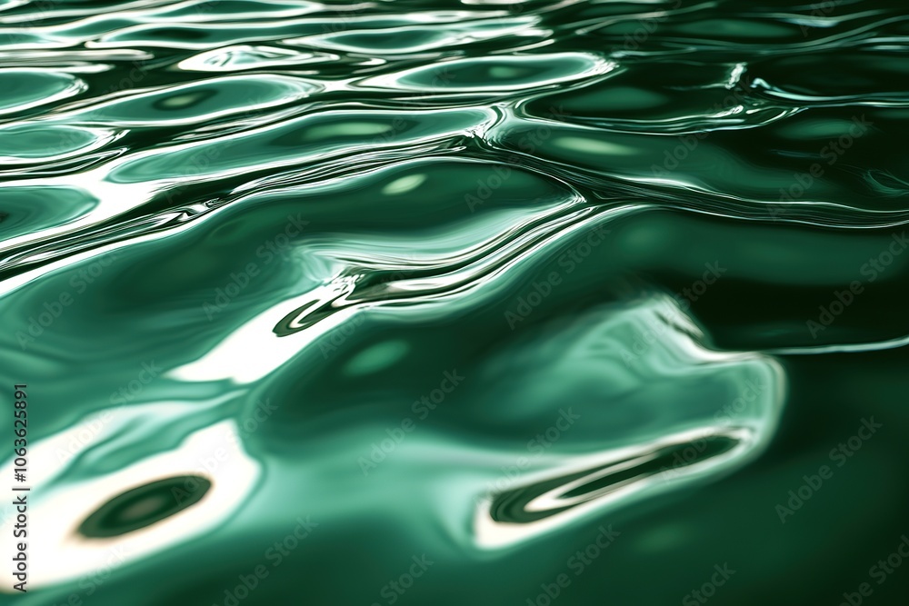 Poster a photorealistic image of water ripples in emerald green, creating an abstract pattern on the surfac