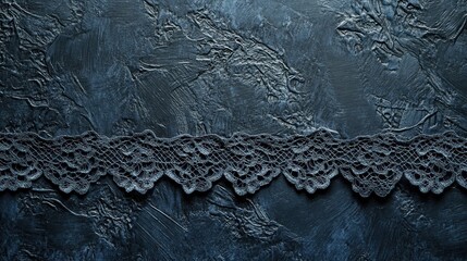 A strip of delicate black lace lies on a dark blue textured background.