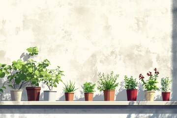 An elegant illustration with a minimalist design showcasing small potted plants on a large empty city balcony, copy space