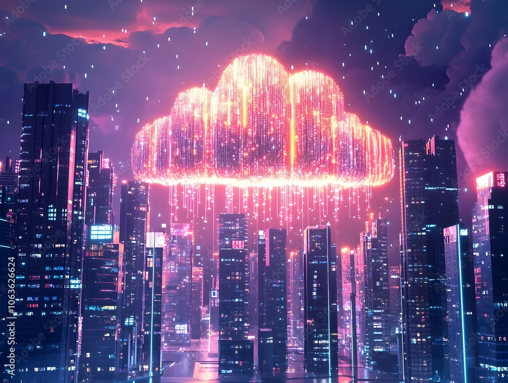 Aufkleber glowing cloud of data flowing between futuristic skyscrapers technology concept with copy space