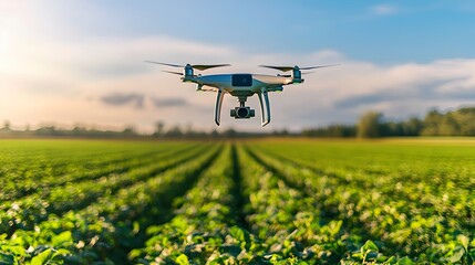 Smart Farming Drone Monitoring Crops in Green Field with Blue Sky