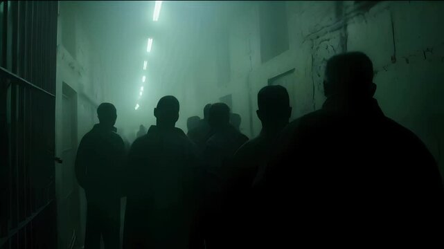 Cinematic still of a group of prisoners in silhouette. 4k Video animation