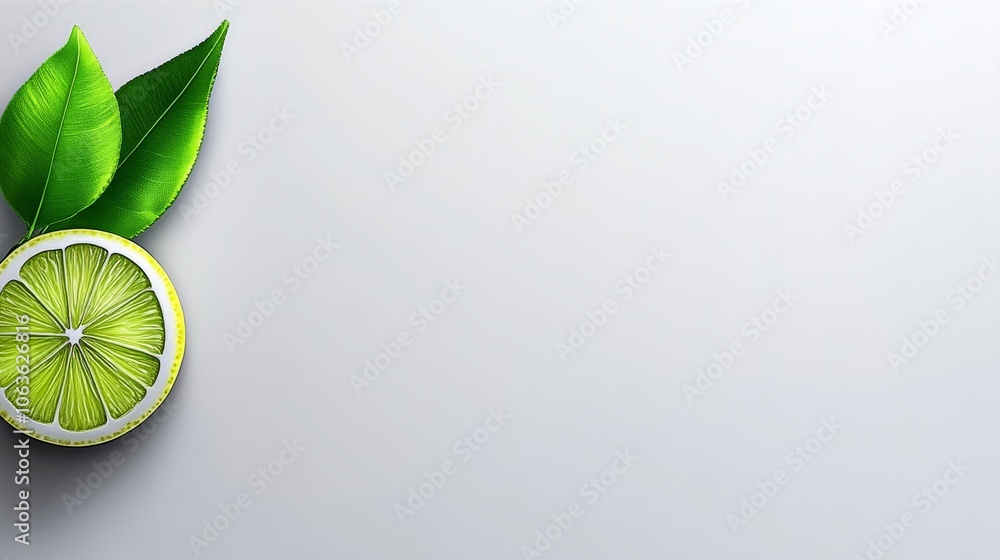 Poster lime slice with leaves: a refreshing lime slice with leaves, a minimalist composition for healthy fo