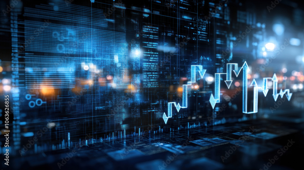 Poster digital financial data visualization with growth charts and graphs
