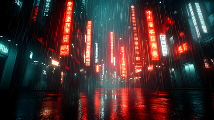 Obraz premium Rainy Night Cityscape with Neon Lights 3D Illustration