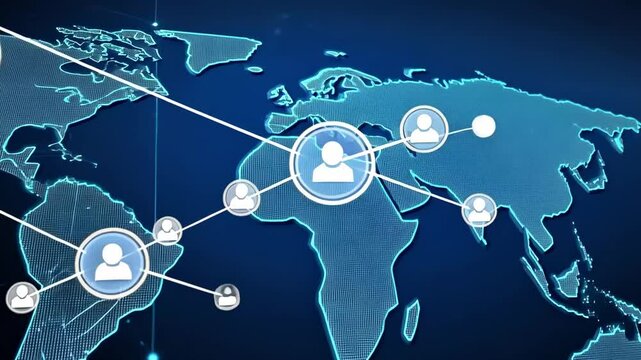 Conceptual visualization of global network and data flow in shades of blue. Connection icons and data flow visualization. Futuristic technology background with glowing circuit elements.