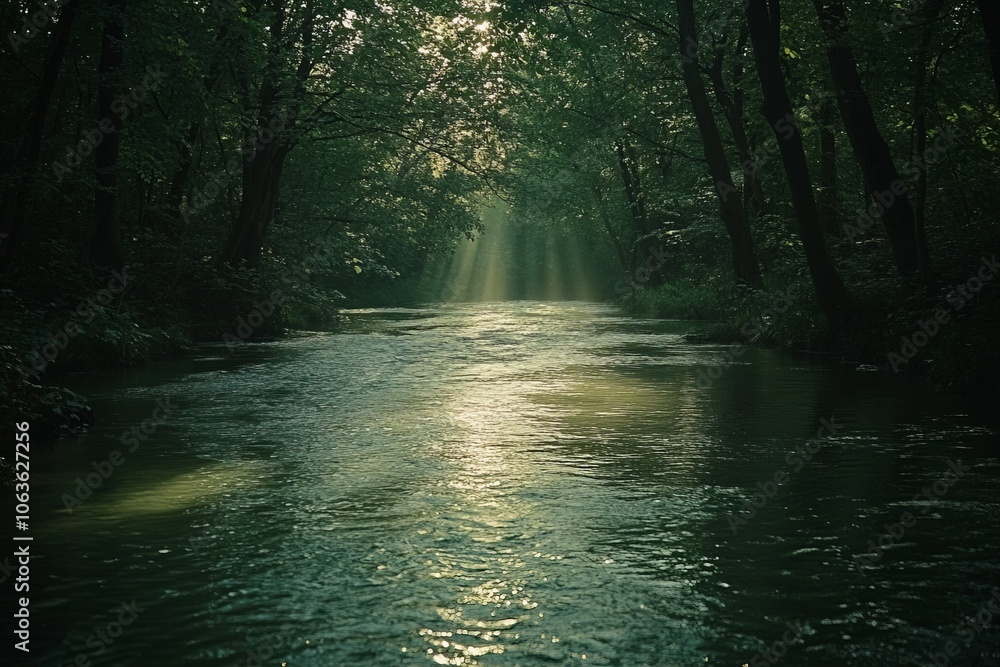 Poster A gently flowing river is bathed in sunlight filtering through the leafy forest, creating an ethereal glow and a peaceful, contemplative mood that invites introspection.