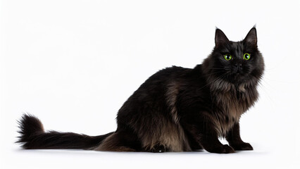 Chantilly-Tiffany cat sitting on white background.