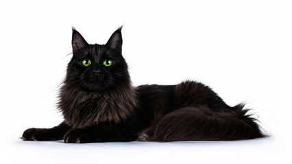 Chantilly-Tiffany cat lying on white background.
