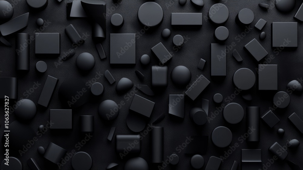Poster a textured surface featuring various black geometric shapes arranged in an abstract pattern.