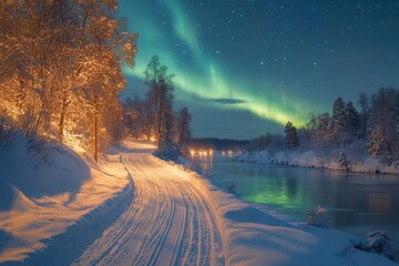 Naklejka premium majestic aurora borealis painting the night sky with swirling greens and purples over a snowy path winding through the tranquil finnish lapland softly illuminated by starlight