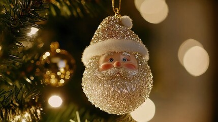Santa ornament with sparkling hat, nestled among twinkling tree lights and classic Christmas decor, exuding festive joy