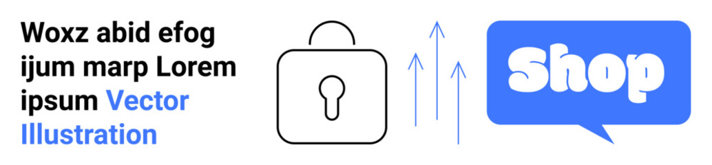 Padlock and upward arrows with a speech bubble and Shop text. Ideal for online security, e-commerce platforms, digital marketing, website design, and promoting safe transactions. Banner for landing