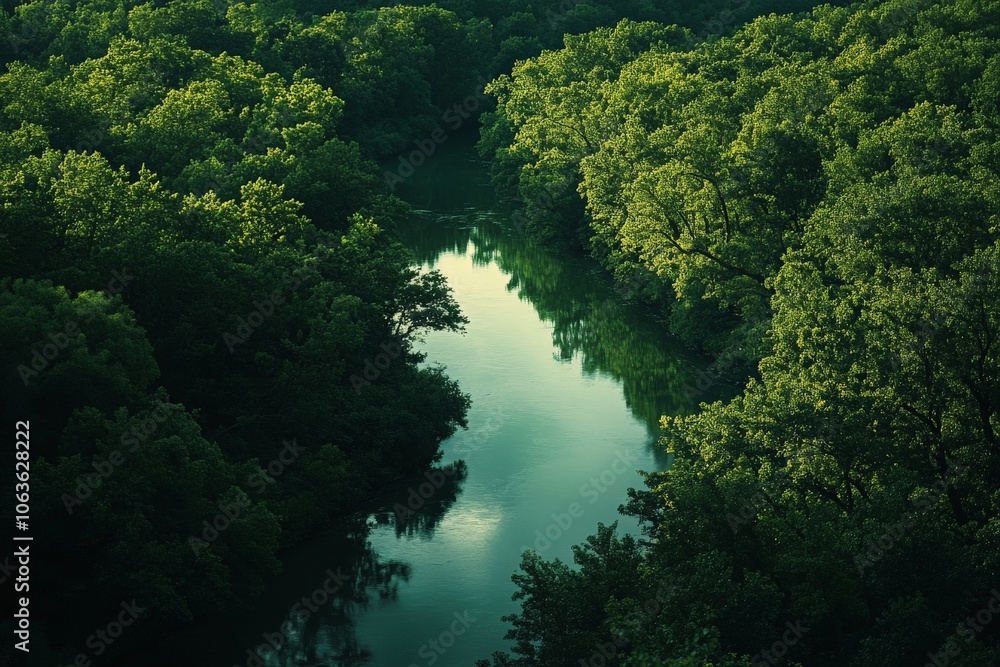 Poster A tranquil image showcasing a forest filled with lush green trees perfectly reflected in a calm river, creating an idyllic setting of natural harmony and peace.
