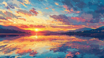 Fototapeta premium A vibrant sunset reflecting on a calm lake, surrounded by mountains and colorful clouds.