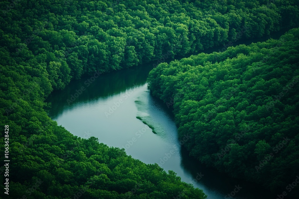 Poster a picturesque view of a gently curving river enveloped by a lush green forest, creating a tranquil a