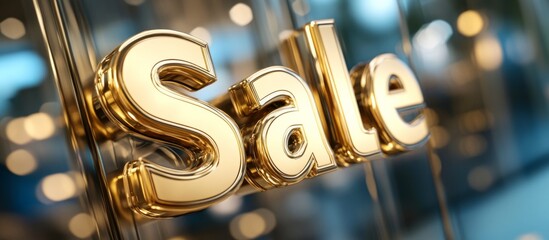 The inscription "Sale" in bright gold letters on a bright background. A marketing tool for increasing sales of goods and services.
