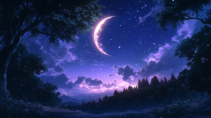 Fototapeta premium A serene night sky with a crescent moon, stars, and clouds over a tranquil landscape.
