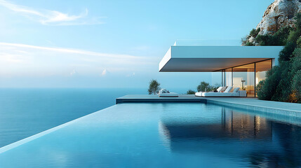 Fototapeta premium Modern House with Infinity Pool and Ocean View - 3D Illustration