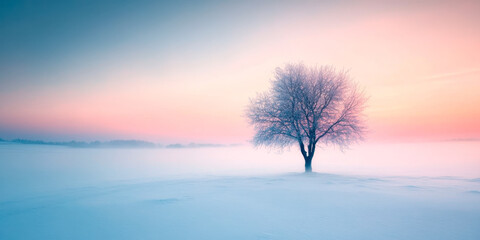 Solitary tree in a snowy landscape at sunrise with soft pastel sky colors, capturing a serene winter morning scene, copy space