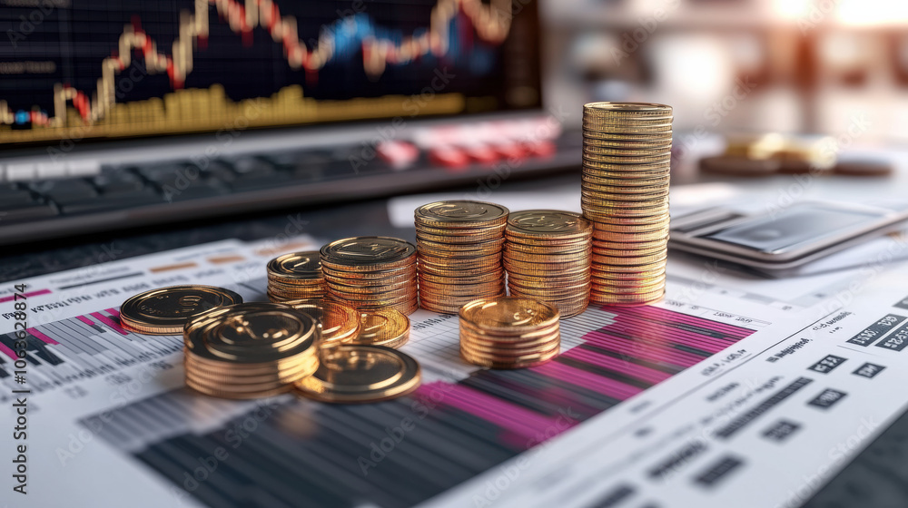Poster stacks of coins on financial documents with graphs and charts