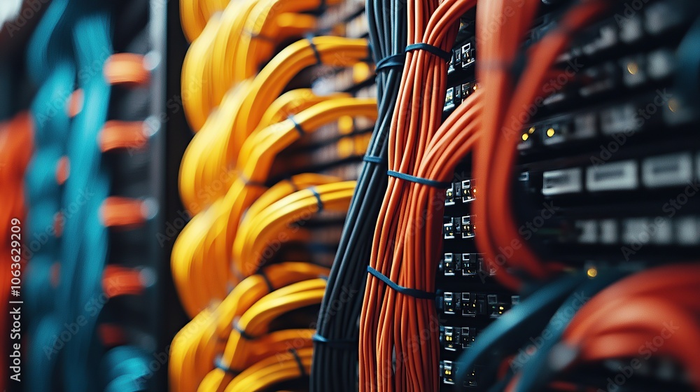 Poster colorful data cables and network wires in a server room with a black background