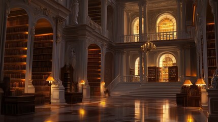 Fototapeta premium A grand library with tall shelves, warm lighting, and elegant architecture, inviting reading and study.