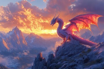majestic dragon soaring over rugged mountain terrains illuminated by a fiery sunset combining fantasy elements with breathtaking natural beauty in a vibrant color palette