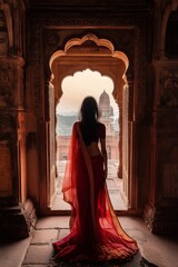 Mystical silhouette of a woman in traditional dress framed by an ancient, detailed arch in serene setting.