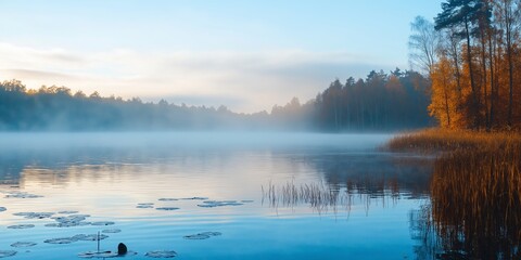 Fototapeta premium Misty lake reflecting autumn colors while the sunrise peeks through the trees.