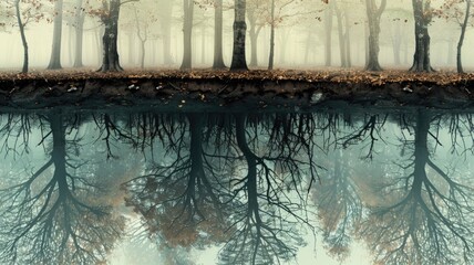 Surreal forest reflection: mystical autumn trees in misty landscape,Opposite Day