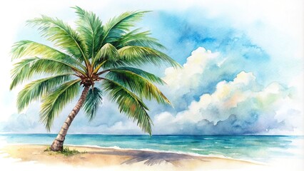 watercolor painting of palm tree swaying in the summer breeze