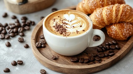 A cozy setting featuring a latte art coffee cup alongside croissants and coffee beans.
