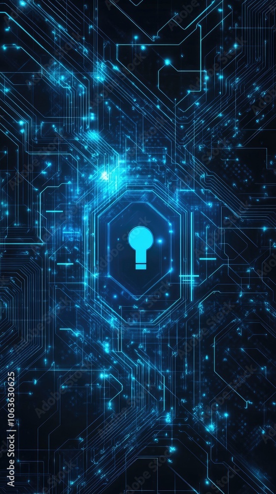 Poster a digital lock symbol on a futuristic circuit board, representing cybersecurity and data protection 