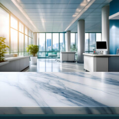 Clean, polished marble tabletop in the foreground with a softly blurred hospital clinic interior in the background, creating a calm and professional atmosphere